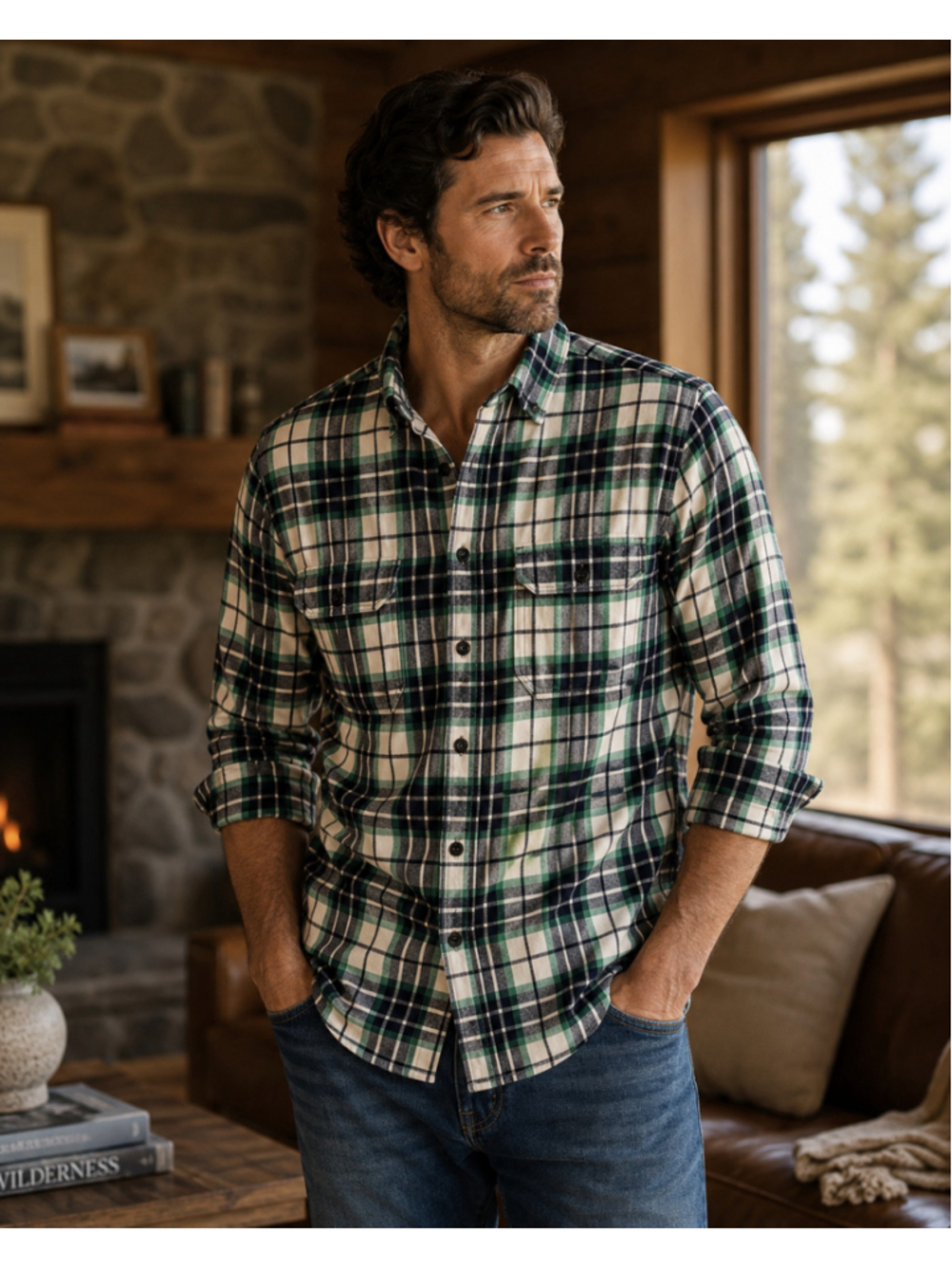 Men's Faded Glory Casual Button Down Shirt M Green Blue Plaid Summer